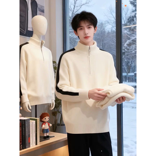 半高领拉链青少年毛衣男初中生加绒保暖针织衫高级感痞帅线衣外套