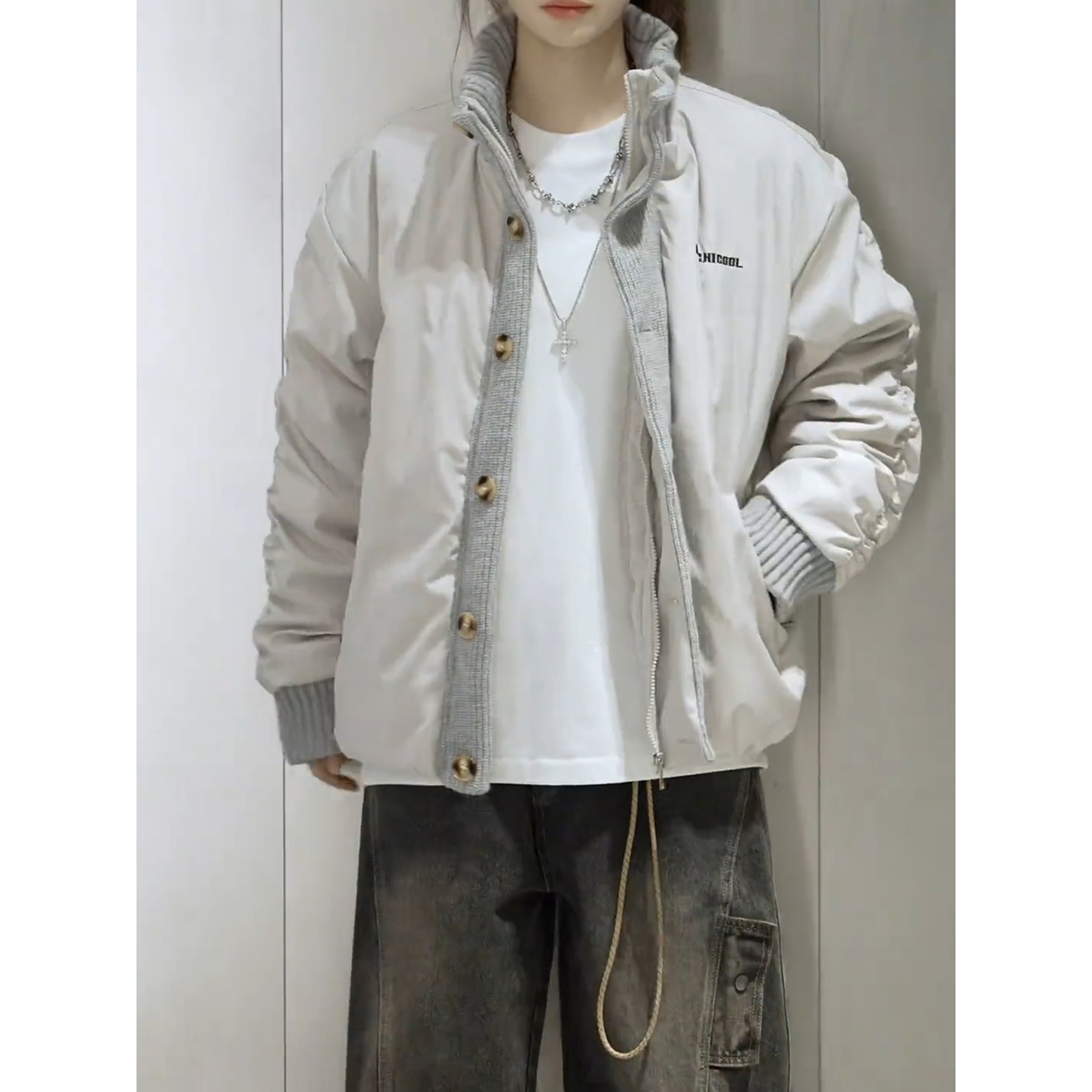 毛线针织拼接立领棉服男女冬季