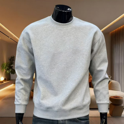 浅灰色重磅圆领加绒卫衣男秋冬季