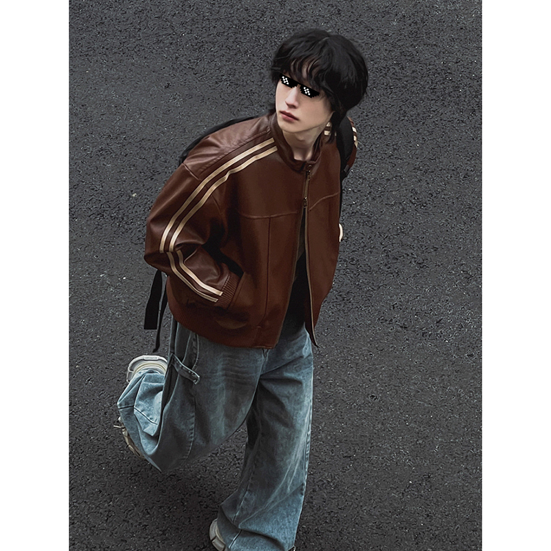 美拉德棕色条纹皮衣男士秋季夹克