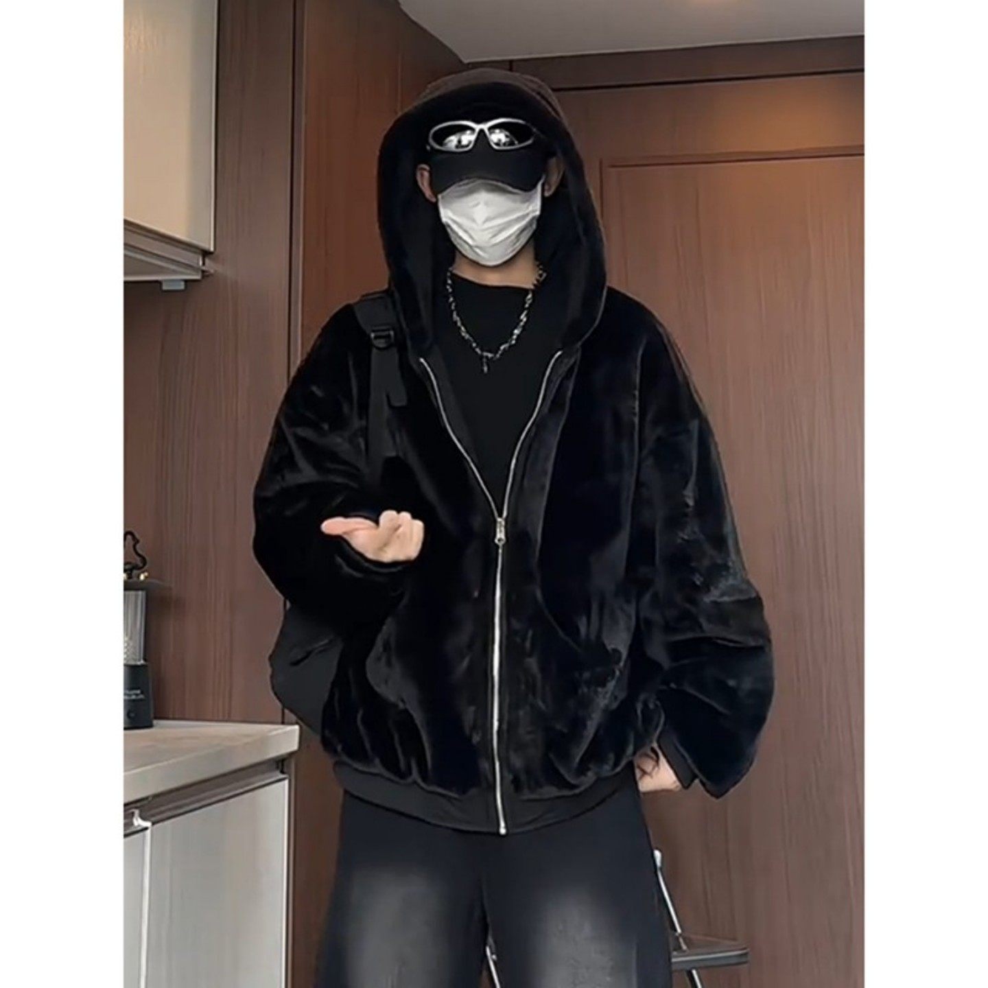 黑色双面穿座山雕棉衣外套男冬季加厚绒夹克棉服仿水貂绒连帽棉袄