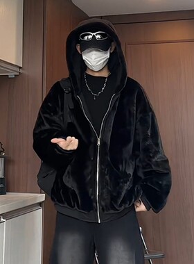 黑色双面穿座山雕棉衣外套男冬季加厚绒夹克棉服仿水貂绒连帽棉袄