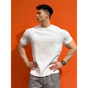 正肩短袖 boxy短款 显壮肌肉健身内搭 子收口小领口白色t恤男夏季 袖