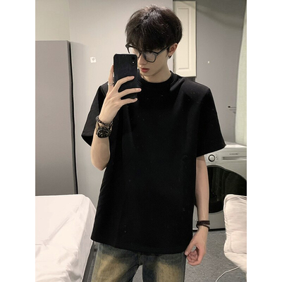 黑色小领口垫肩短袖夏季修身显瘦