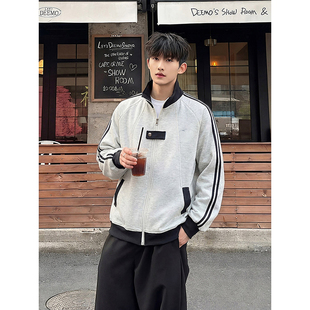 白花灰条纹开衫卫衣男款春季美式拼接立领外套学院风立领运动夹克