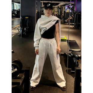美式健身运动加绒卫裤男款冬季宽松直筒阔腿休闲裤高级感弯刀裤子