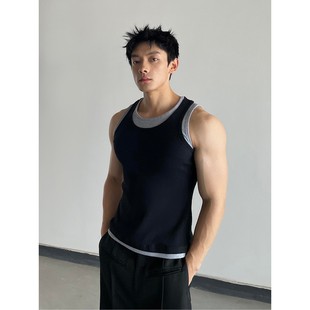 美式 t恤小领口肌理感坎肩 工字假两件背心男生痞帅风肌肉训练无袖