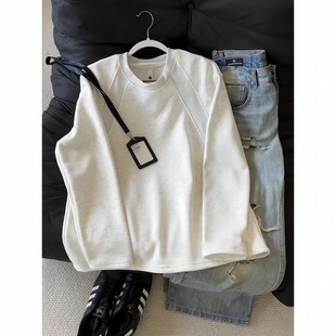 白花灰男生超好看卫衣加绒美式重磅拼接长袖t恤小领口正肩打底衫