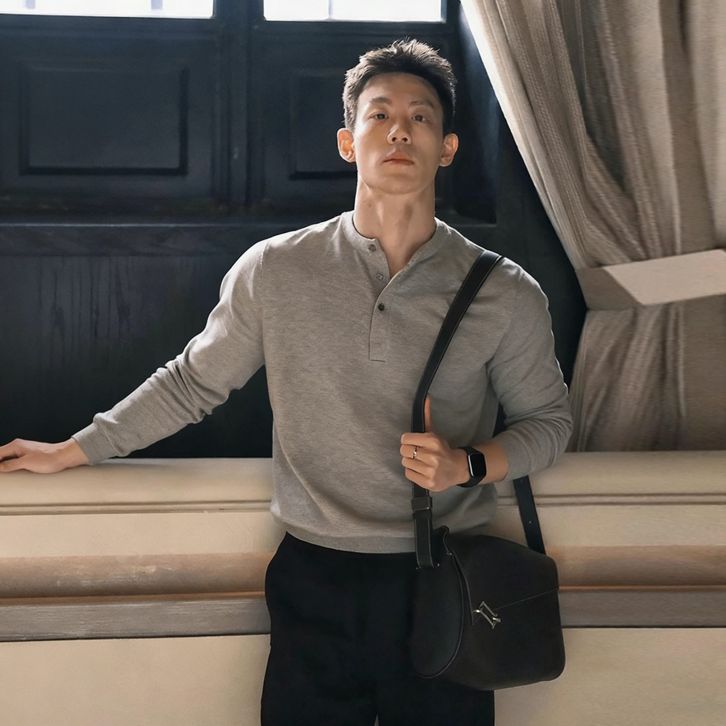 灰色美式亨利领毛衣男秋季打底衫