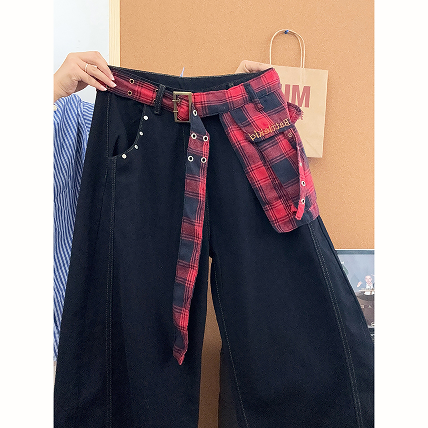 拼色格纹屁帘可拆卸工装牛仔裤男秋季cleanfit高级感阔腿休闲裤子