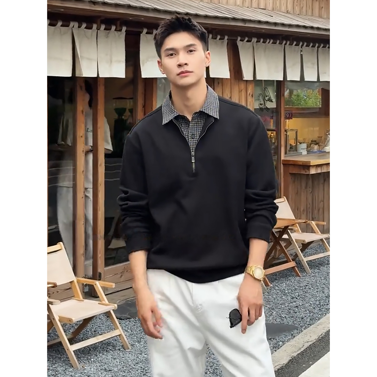 新贵老钱风设计感拼接POLO衫男款