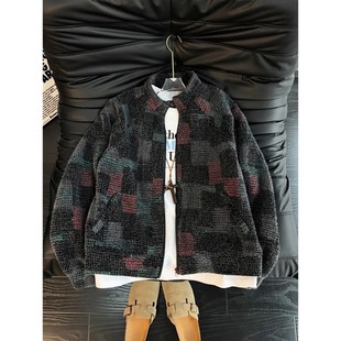 美式撞色格纹毛绒夹克男款秋冬无帽立领拉链外套韩系情侣开衫卫衣