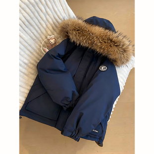 藏青色短款连帽工装羽绒棉服冬季防风外套男款加厚保暖毛领派克服