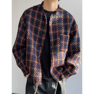 小香风破坏感毛呢夹克男款春秋季短款格子毛边外套痞帅高级感褂子