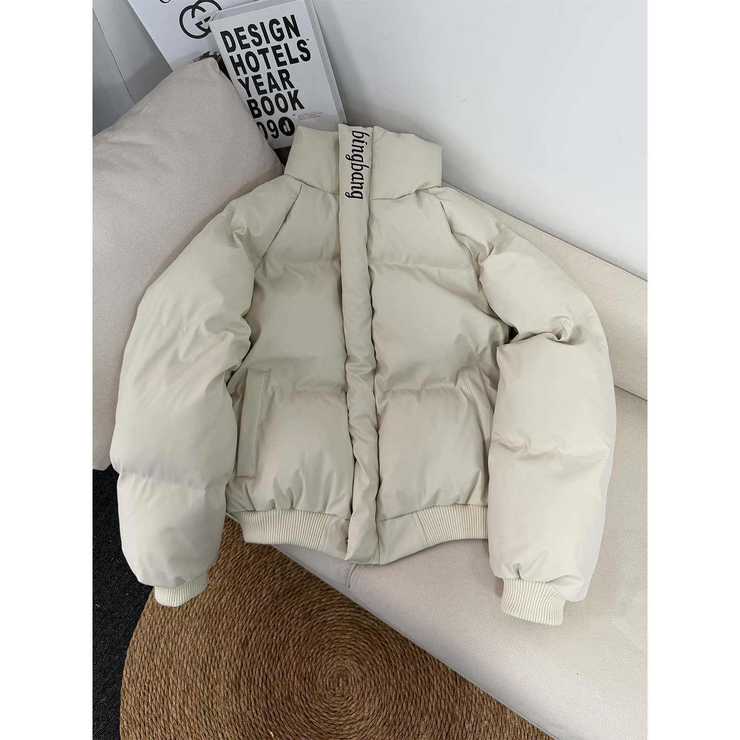 PU皮刺绣立领棉服男冬季