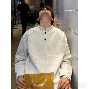 白花灰亨利领长袖t恤男款秋冬美式加厚加绒卫衣高级感内搭打底衫