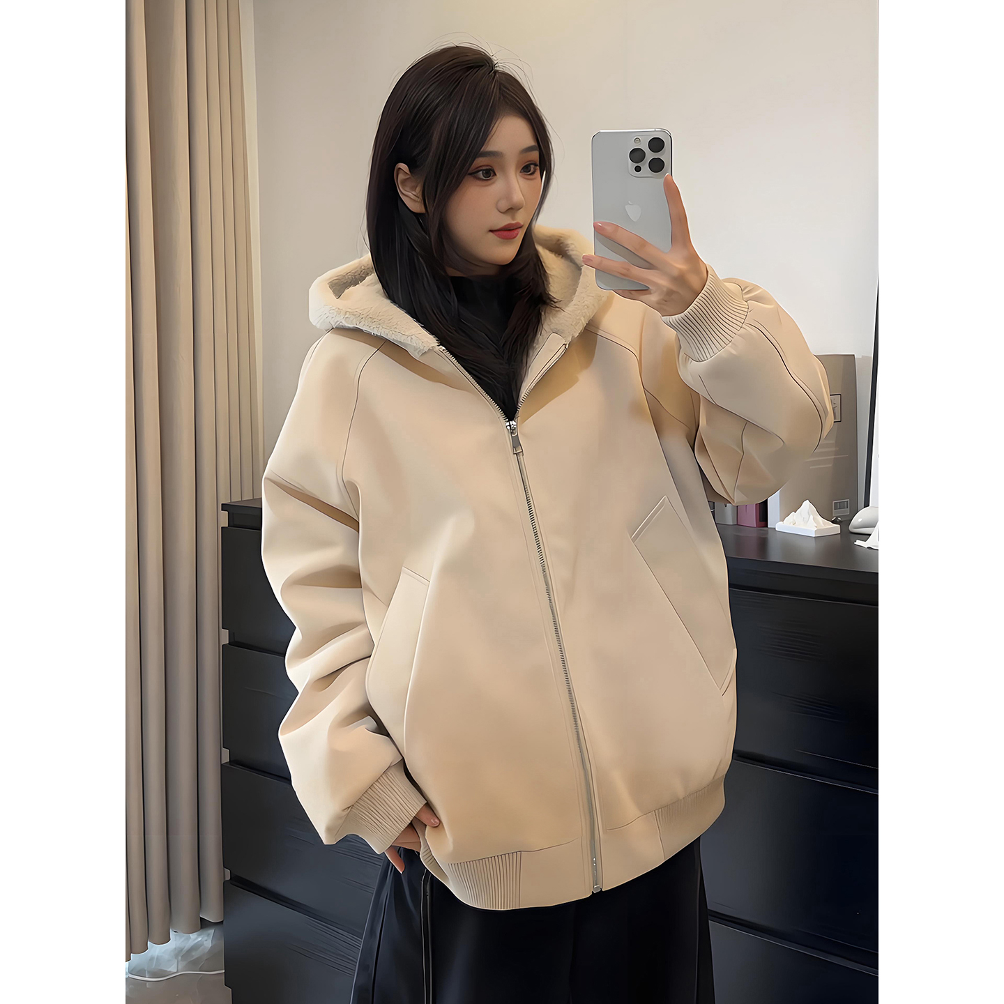 杏色PU皮座山雕棉服男女冬季