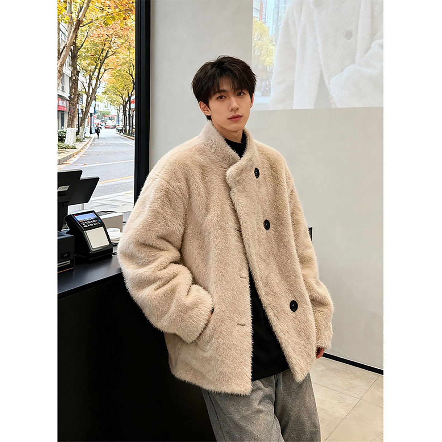 韩系仿兔毛派克皮草服男款冬季皮毛一体棉服外套加厚保暖立领夹克,男装,皮草,淘宝优惠券,粉丝福利购,淘宝优惠卷