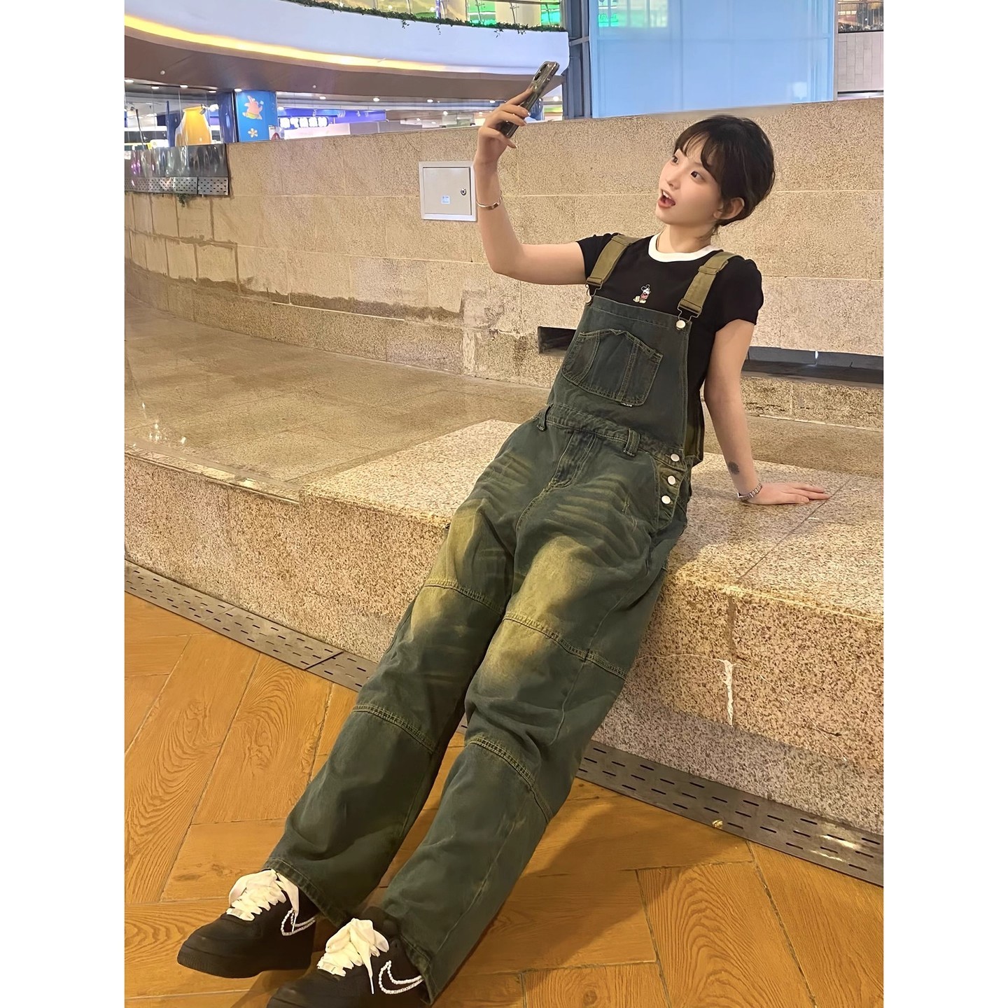 复古蓝牛仔背带裤男女款美式裤子