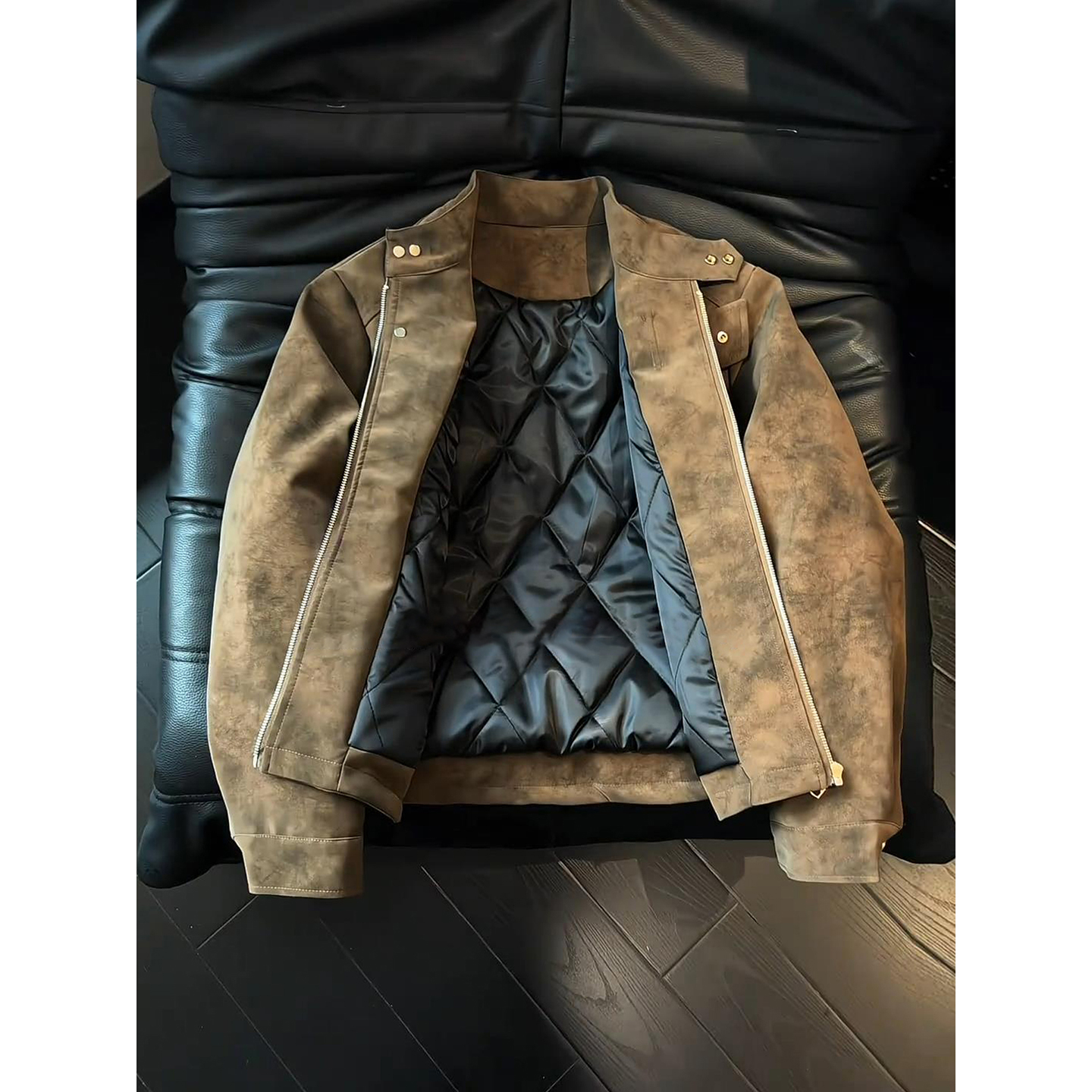 美拉德咖色皮衣棉服秋冬短款美式