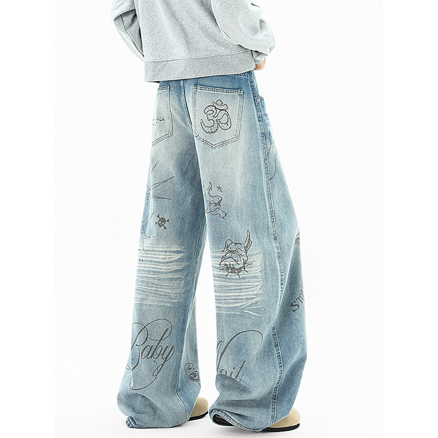 美式复古涂鸦潮牌牛仔裤男款春秋重磅宽松阔腿裤高街痞帅弯刀裤子,男装,牛仔裤,淘宝优惠券,粉丝福利购,淘宝优惠卷