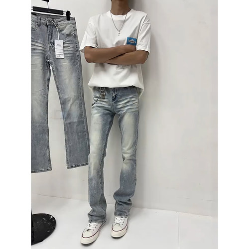 美式猫须纹微喇牛仔裤显瘦弯刀裤