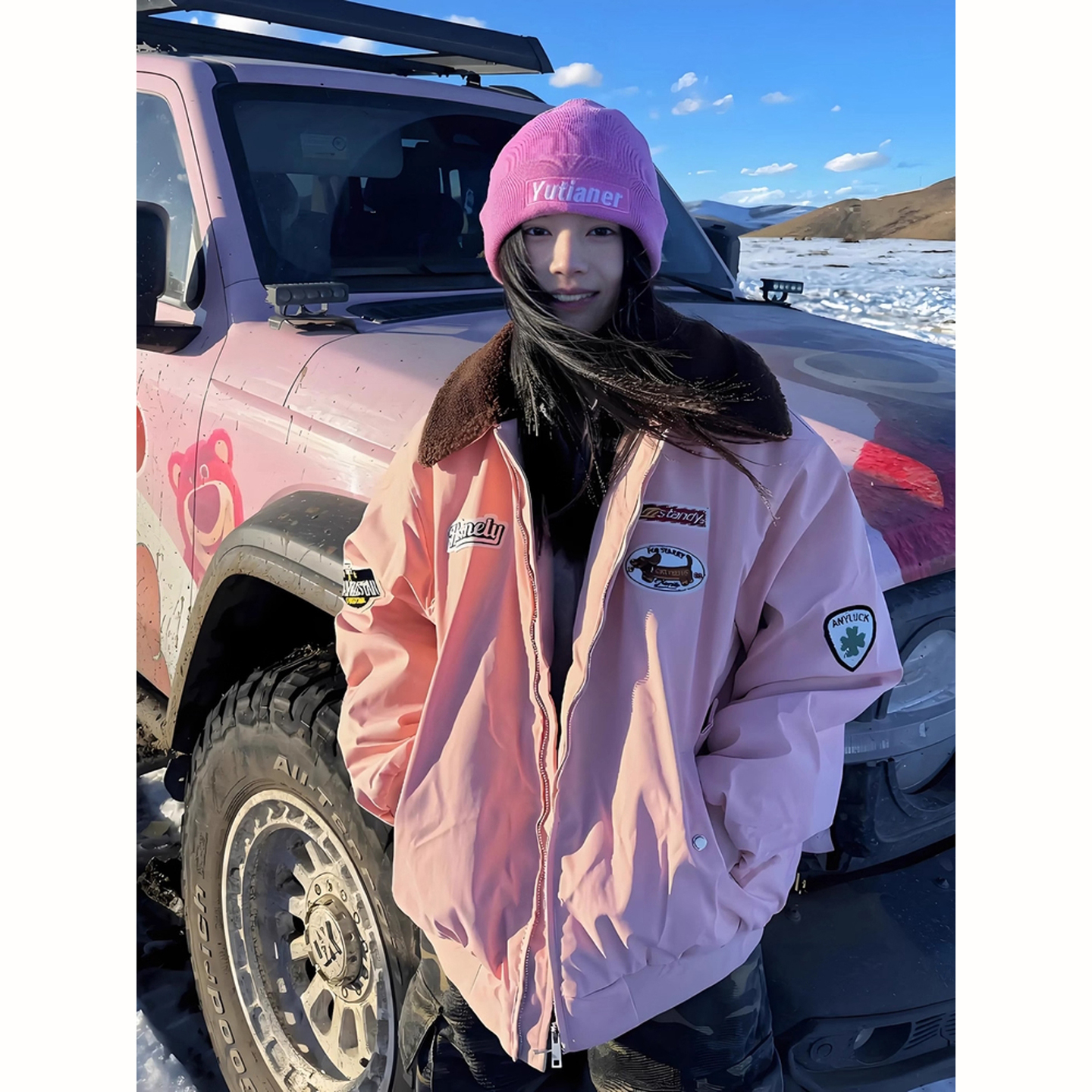 粉色摇粒绒毛领棉服外套男女冬美式翻领飞行员夹克棒球服保暖棉衣