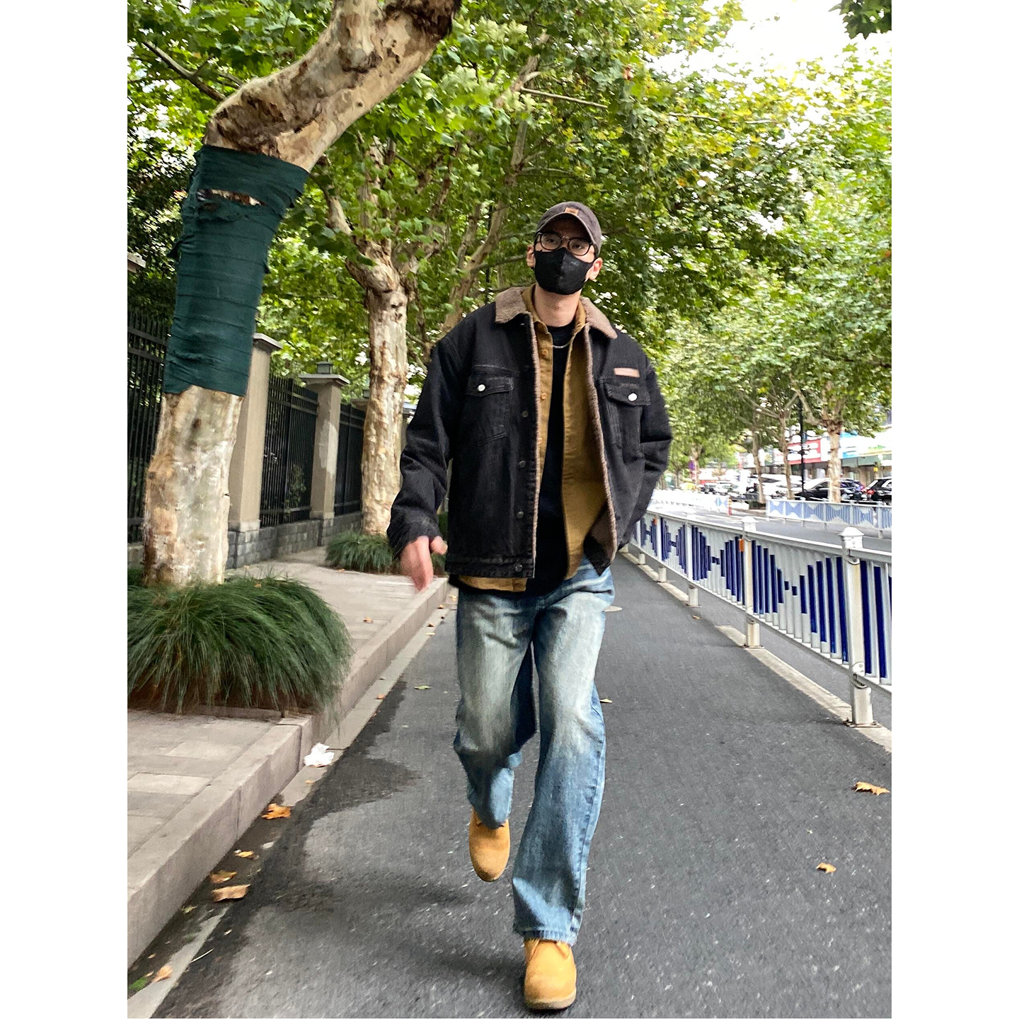 冬季加绒加厚牛仔外套男美式翻领