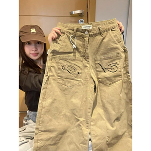 美式复古倒装刺绣设计感休闲裤子男秋冬季高街阔腿裤反口袋牛仔裤