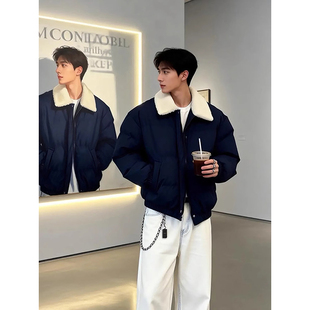 藏青色羊羔绒翻领棉衣男冬季韩系穿搭短款外套加厚保暖短款面包服