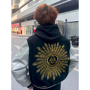 夹克高级感痞帅外套 pu皮袖 美式 hiphop潮牌光明之眼刺绣棒球服男款