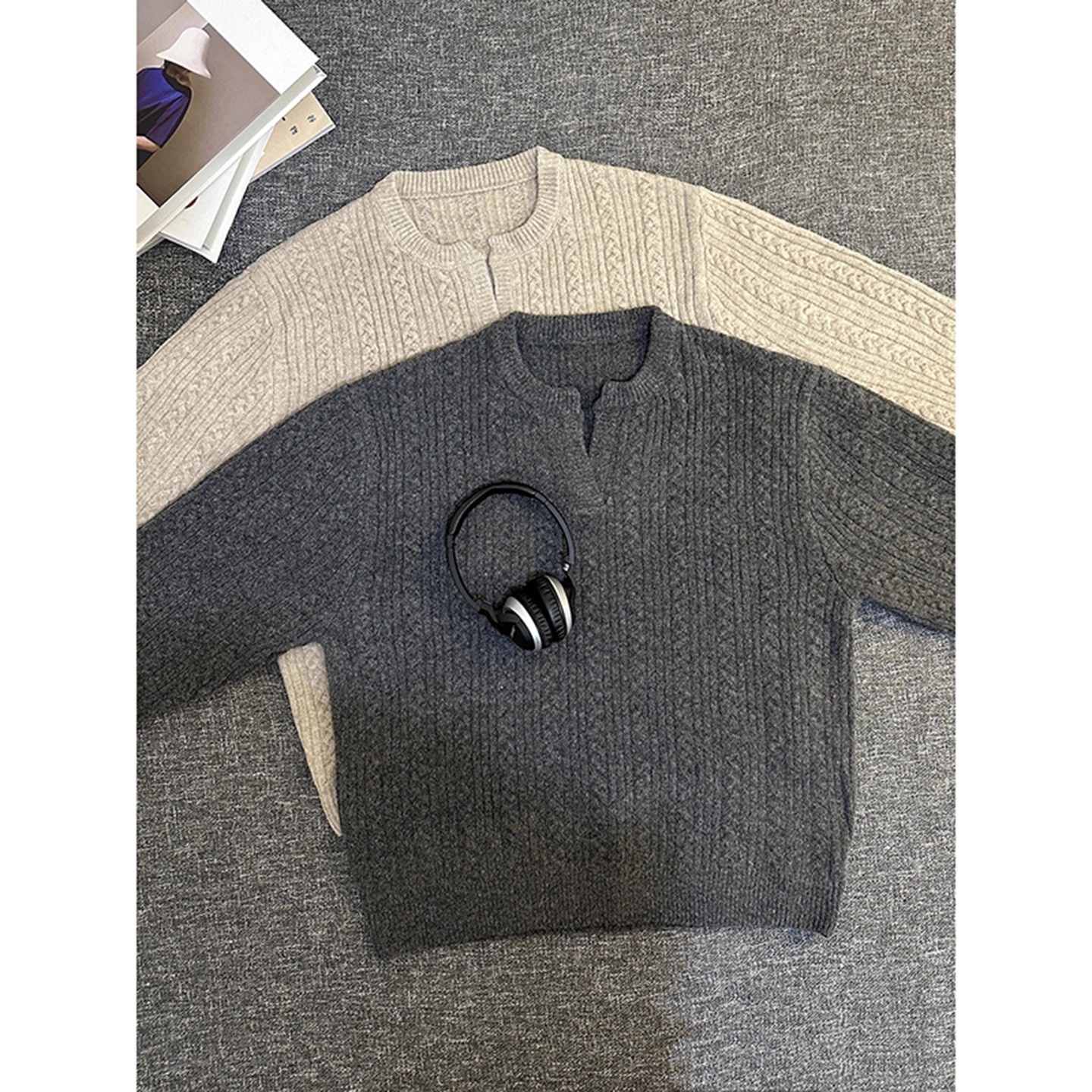 老钱风麻花v领毛衣男款冬季加厚