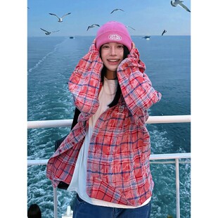 红色扎染刺绣格子衬衫男女春季美式复古格纹衬衣cleanfit情侣外套