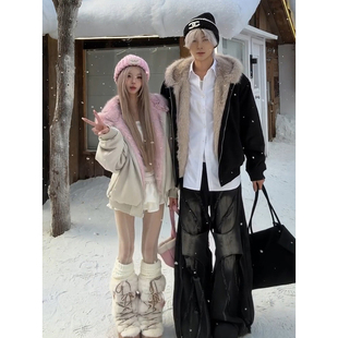 座山雕仿貂毛连帽棉服男女秋冬加厚短款棉衣外套防寒保暖毛绒夹克