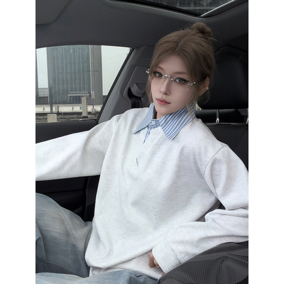 灰色假两件衬衫领卫衣男女秋冬