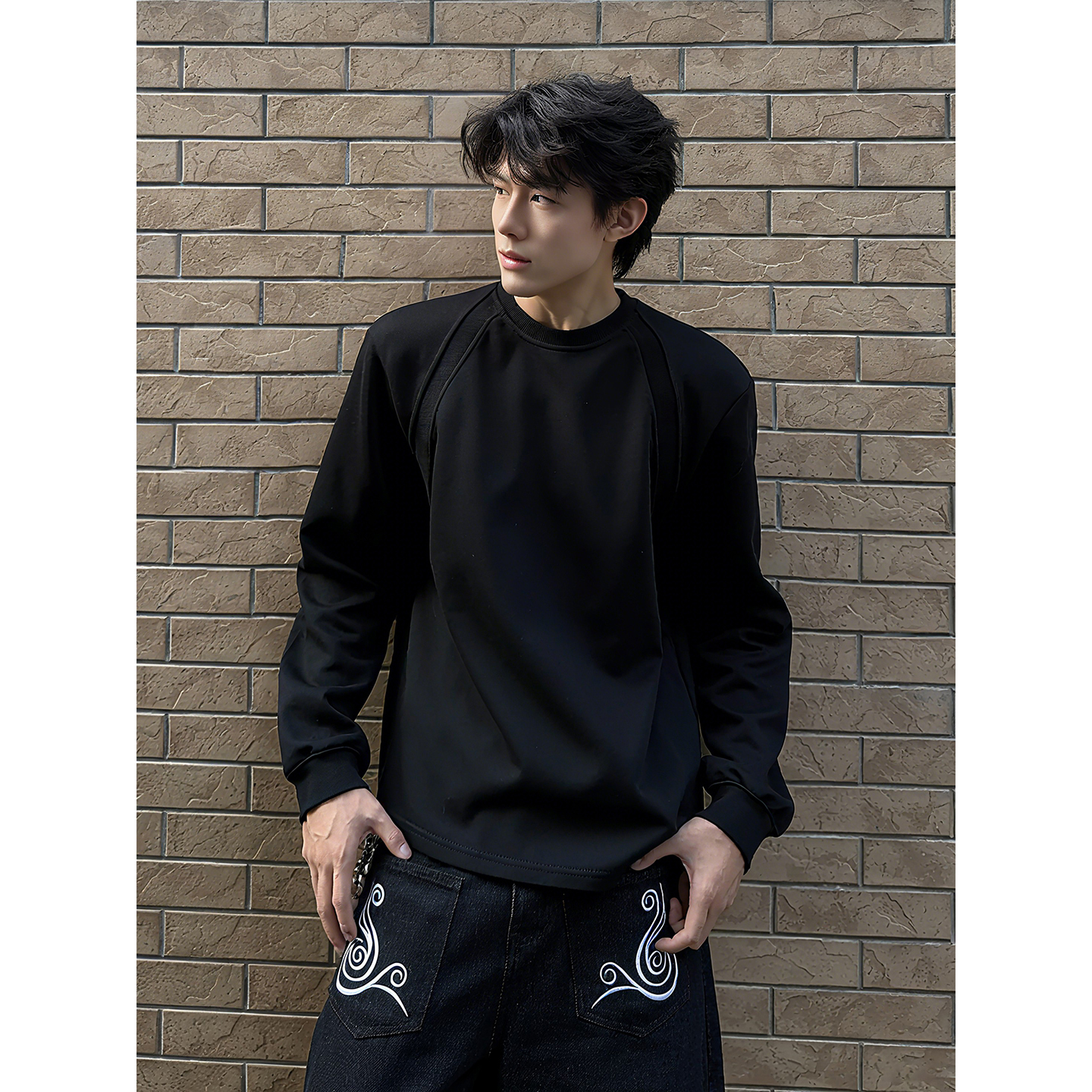 黑色解构正肩长袖t恤男秋冬