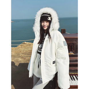 米白色短款羽绒棉服男女款冬季潮牌高级感毛领外套美式工装派克服