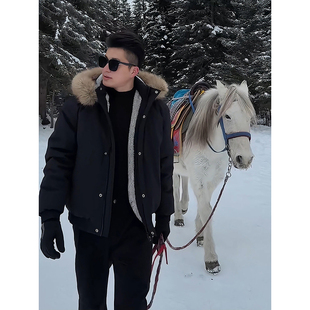 可拆卸毛领羽绒服男冬季短款座山雕棉服外套美式防寒连帽派克棉服