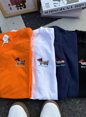夏季多巴胺亮橙色短袖t恤男广州十三行腊肠小狗刺绣全棉质五分袖
