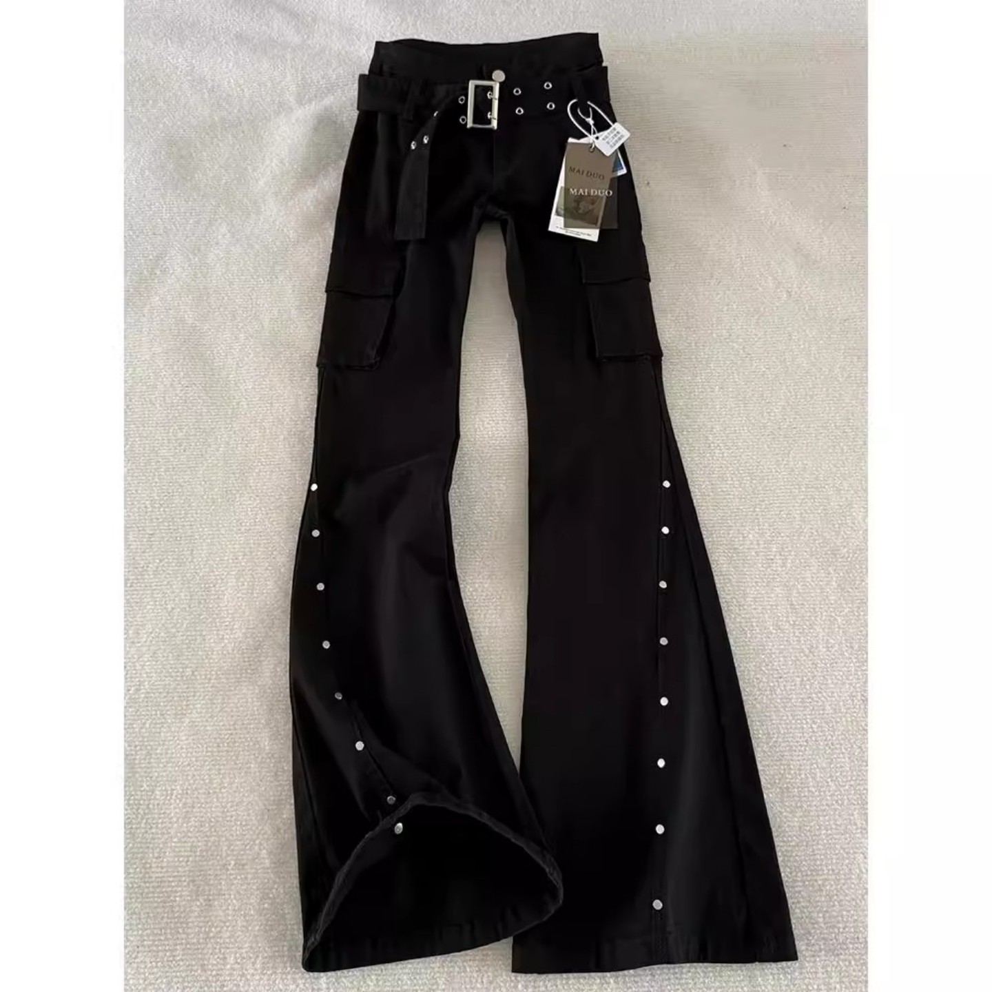 黑色美式高腰微喇牛仔裤男设计感