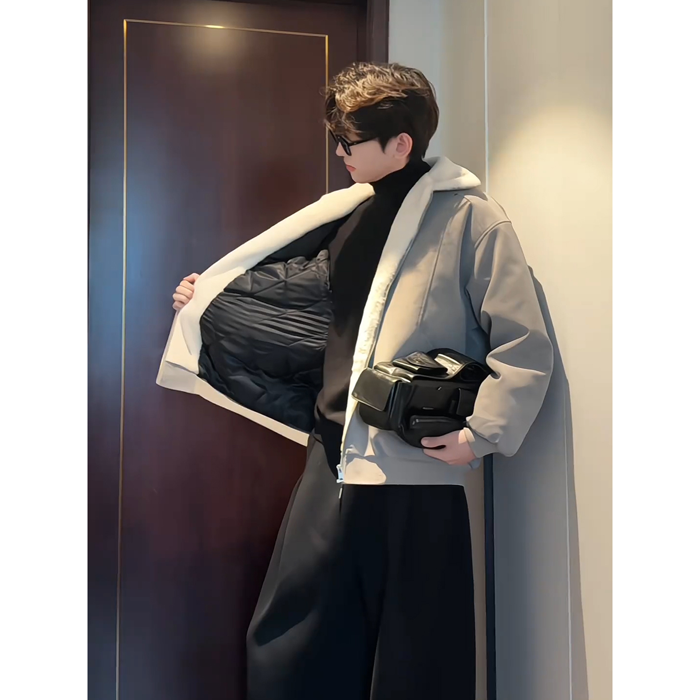 美式羊羔绒毛领pu皮棉服男款冬季