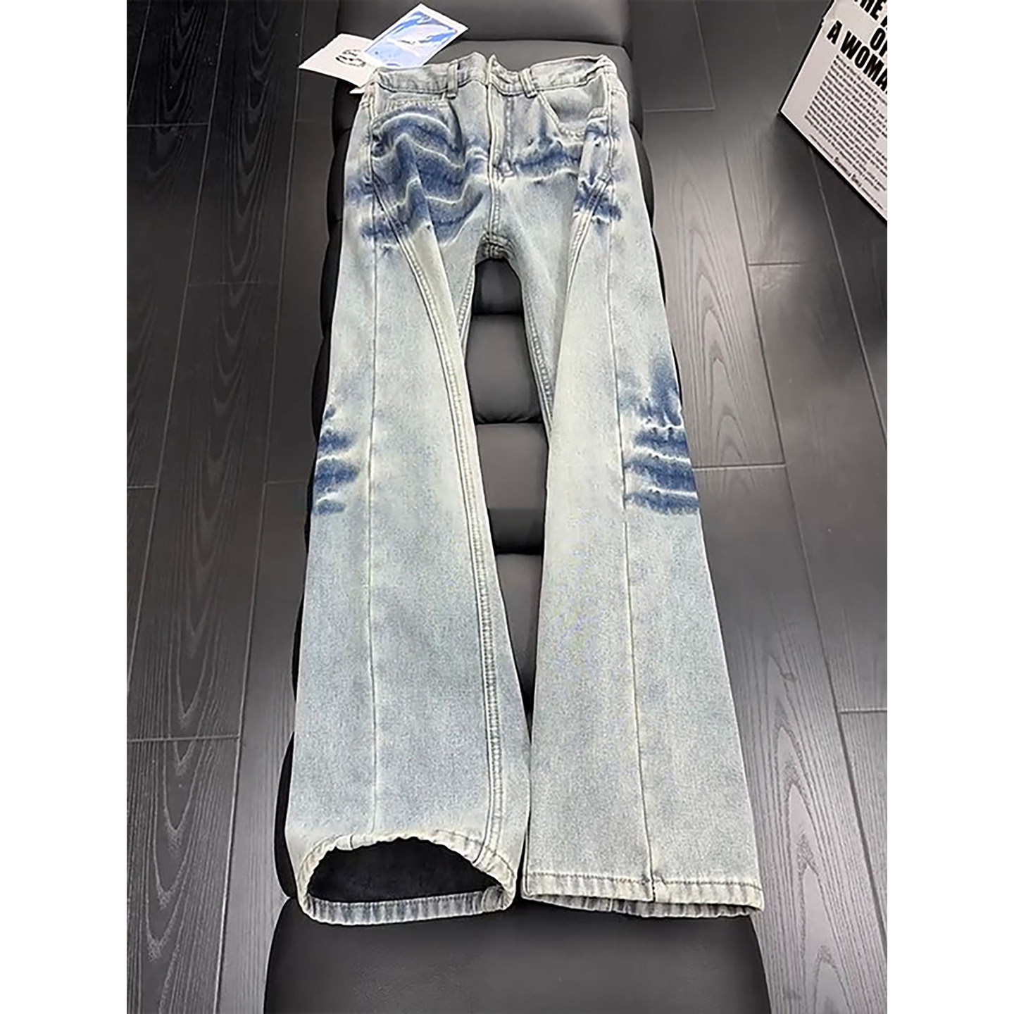 美式闪电纹斜切弯刀牛仔裤男款高街vibe微喇裤子高个子加长直筒裤