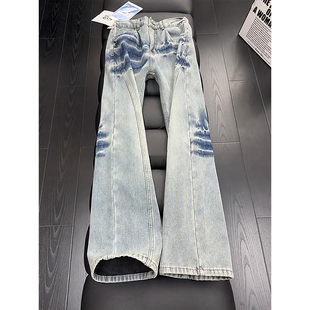 美式闪电纹斜切弯刀牛仔裤男款高街vibe微喇裤子高个子加长直筒裤