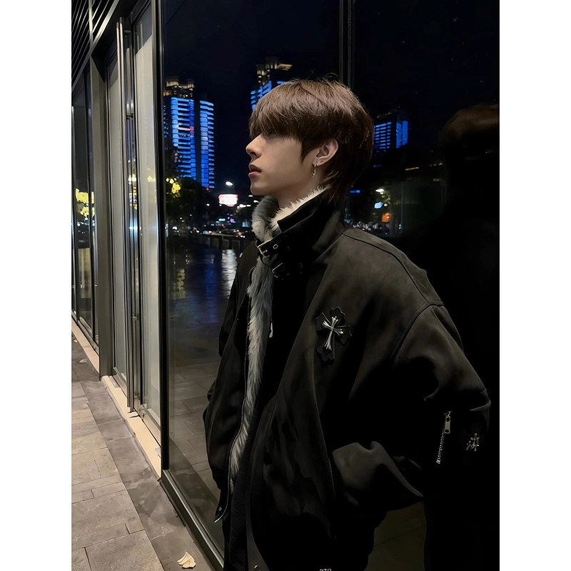 黑色十字架座山雕外套男冬季防寒保暖加厚棉服高级感毛领工装夹克