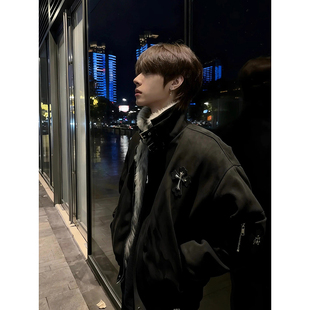 黑色十字架座山雕外套男冬季防寒保暖加厚棉服高级感毛领工装夹克