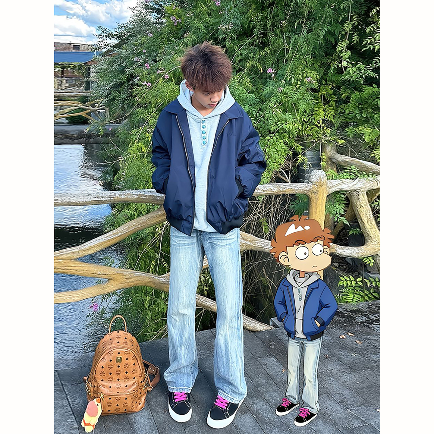 浅蓝色闪电纹弯刀牛仔裤男秋季美式cleanfit裤子高街显瘦微喇长裤