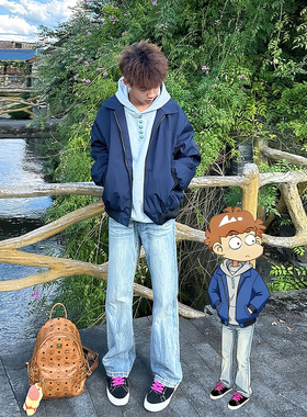 浅蓝色闪电纹弯刀牛仔裤男秋季美式cleanfit裤子高街显瘦微喇长裤