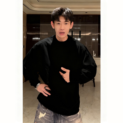 黑色美式正肩卫衣男秋冬季小领口