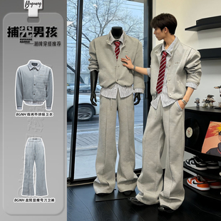 痞帅高级感男模穿搭一整套假两件条纹衬衫式夹克直筒显瘦弯刀卫裤