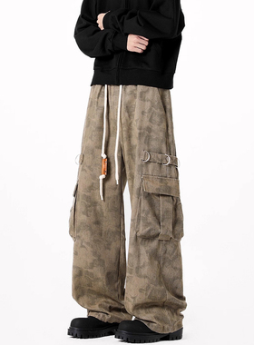 美式高街大口袋牛仔裤男女秋季宽松直筒裤子迷彩街头pansk阔腿裤